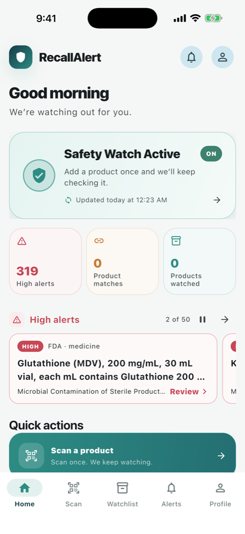 RecallAlert dashboard showing Safety Watch, high alerts, product matches, and quick actions