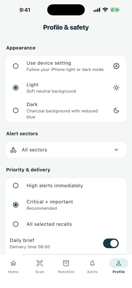 Profile and safety controls for appearance, alert sectors, and priority delivery