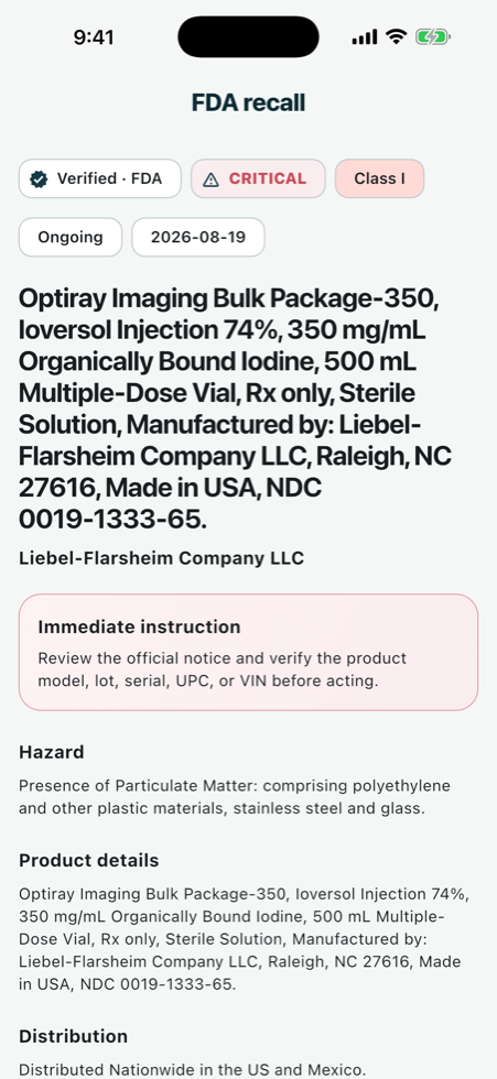 Recall detail with verified source, critical classification, immediate instruction, hazard, and product details