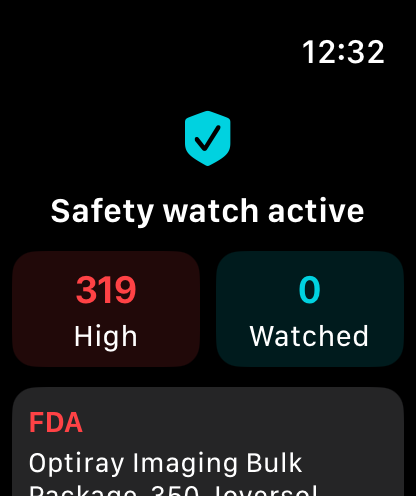 RecallAlert Apple Watch companion showing Safety Watch active and high alert count